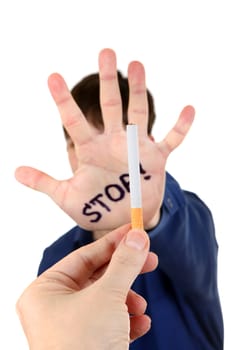 Man refuses Cigarette Isolated on the White Background