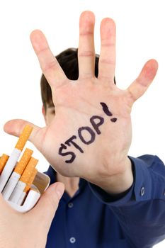 Man refuses Cigarette Isolated on the White Background