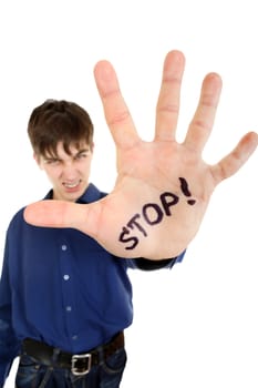 Worried Teenager shows the palm gesture with an inscription Stop