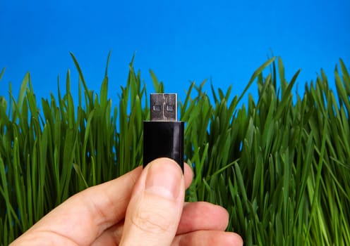 USB Flash Drive in a Hand on the Grass Background Closeup