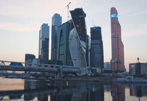 View of Moscow business center at sunset in spring