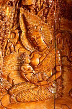 the detail of  handcraft wood carving for decorated temple,showing of thai pattern,Lampang temple,Thailand