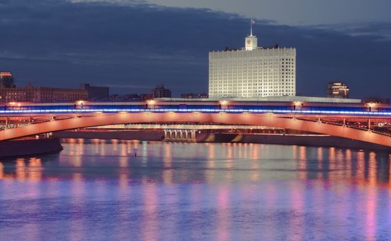 Government building Russian Federation and Moscow river at night