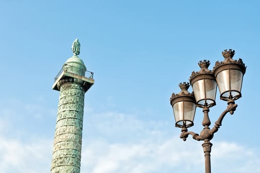Napoleon's column and street lamp in Paris, France