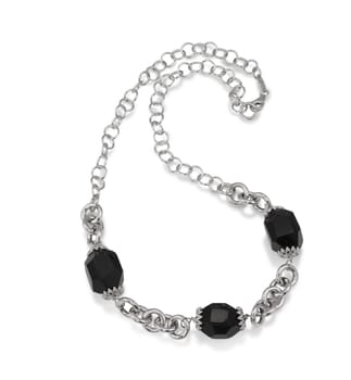 Black Onyx Beaded Necklace on a silver or white gold link chain. Isolated on white.