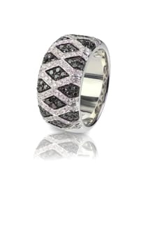 Black Onyx and Diamond Pave Wedding  Anniversary Ring Isolate on white background with a reflection. Fine Jewelry