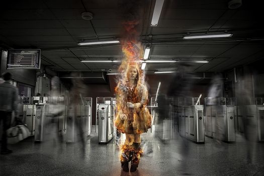 Only, girl on fire in a train station, over time, risk