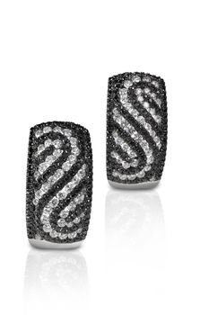 Black and White Diamond  Swirl Earrings isolated on white with reflections