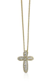A beautiful diamond and gold cross pendant dangles from a chain. Fine Jewelry necklace isolated on a white background with shadow and reflection