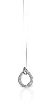 A beautiful diamond and gold pendant dangles from a chain. Fine Jewelry necklace isolated on a white background with shadow and reflection
