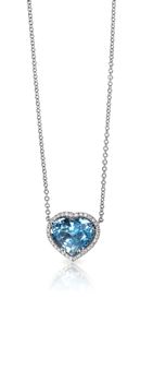 Blue Gemstone and Diamond Pendant Necklace isolated on a white background with a reflection