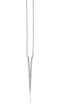 A beautiful diamond and gold pendant dangles from a chain. Fine Jewelry necklace isolated on a white background with shadow and reflection