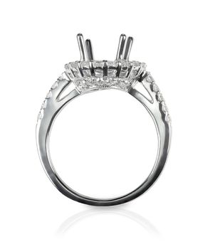 Halo DIamond Engagment Wedding Ring Setting side view. No stone set. Isolated on white.