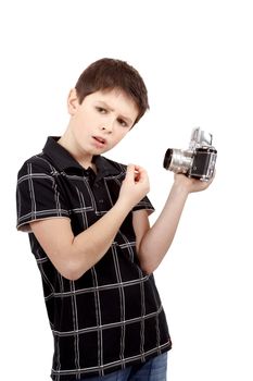 young boy with old vintage analog SLR camera, What is it?