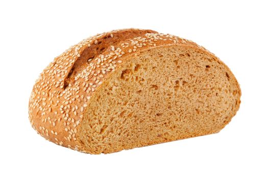 A loaf of fresh homemade bread with sesame seeds. Isolation on white