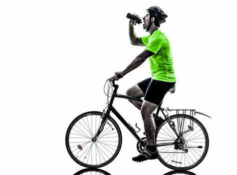 one  man exercising bicycle mountain bike drinking on white background