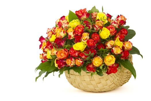 A bouquet of multicolored roses in a basket
