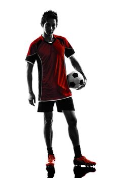 one asian soccer player young man standing in silhouette isolated white background