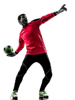 one  soccer player goalkeeper man throwing ball in silhouette isolated white background