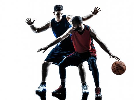 two men basketball players competition in silhouette isolated white background