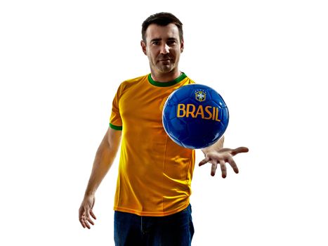 one man with Brazilian jersey throwing giving soccer ball isolated in white background