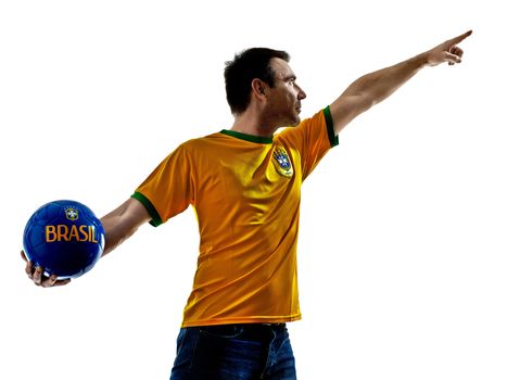 one man with Brazilian jersey throwing soccer ball isolated in white background