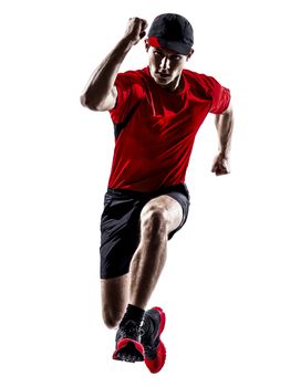 one young man runners joggers running jogging jumping in silhouettes isolated on white background