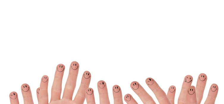 Happy group of finger faces, isolated on white