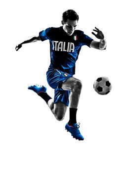 one italian soccer players man playing football jumping in silhouettes white background