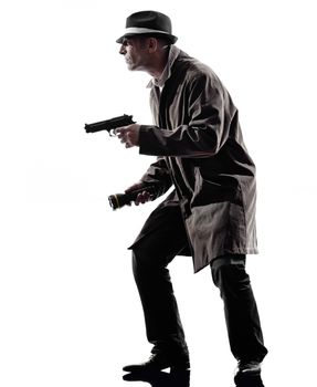 one detective man criminals investigations  investigating crime in silhouettes on white background