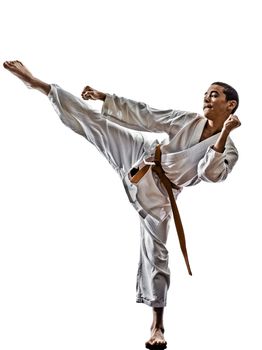 one karate katana training  teenagers kid  isolated on white background