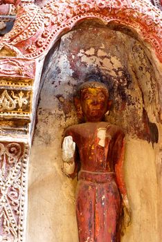 ancient complicated stucco work showing of traditional thai pattern that decorated with mirror and precious stone,Lampang temple,Thailand