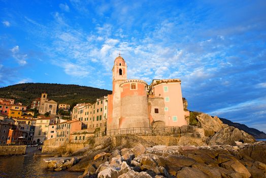 View of Tellaro, ancient small village of Liguria in Italy, at sunset