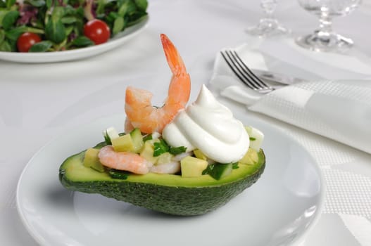 tender appetizer of avocado and shrimp 
