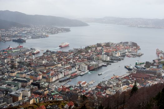 Overview of Bergen city centre in march