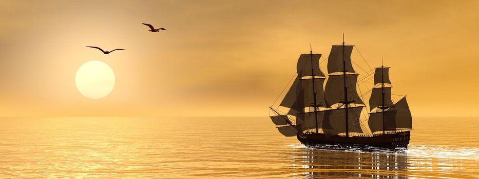 Beautiful detailed old merchant ship next to seagulls by sunset