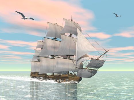 Beautiful detailed old merchant ship next to seagulls by colorful sunset sky