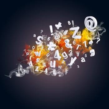 Letters, numbers and colored smoke. Dark background