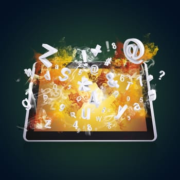 Tablet pc emits letters, numbers and colored smoke. Technology concept