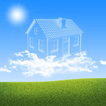 House of clouds in the sky over green grass. Dreams concept