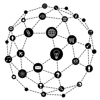 Wire frame sphere. In the lattice points are social network icons