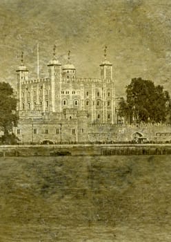 Vintage Antigue Picture of the Tower of London and the river Thames in London.