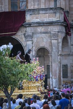 Linares, jaen province, SPAIN - March 17, 2014: Brotherhood of Jesus corsage making station of penitence in front at the town hall, Linares, Jaen province, Andalusia, Spain