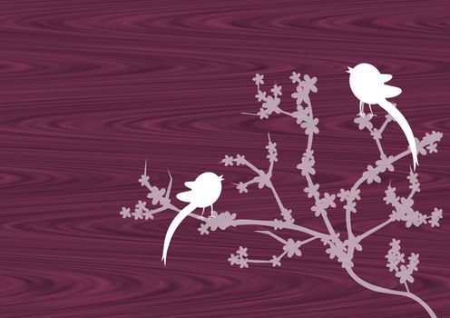Cherry blossoms and birds on the wooden background