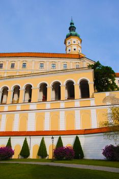 Mikulov castle with typical arcade, tower and yellow facade (Czech Republic)