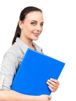 An image of a business woman with a blue binder