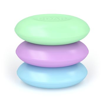 Stack of colorful soap bars on white background