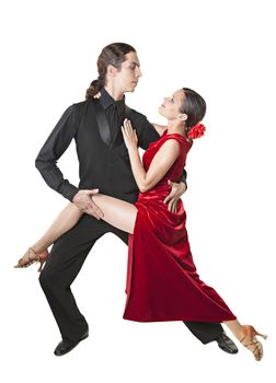 Young couple dancing tango isolated over white