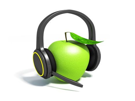 apple on a white background in headphones with a microphone