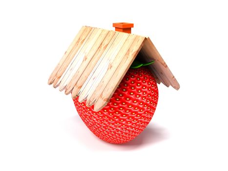 Red strawberries on a white background with the wooden roof